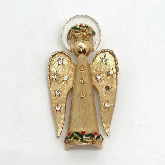 Vintage Signed ART Arthur Pepper Christmas Angel Brooch Gold Tone Rhinestones - Picture 1 of 4